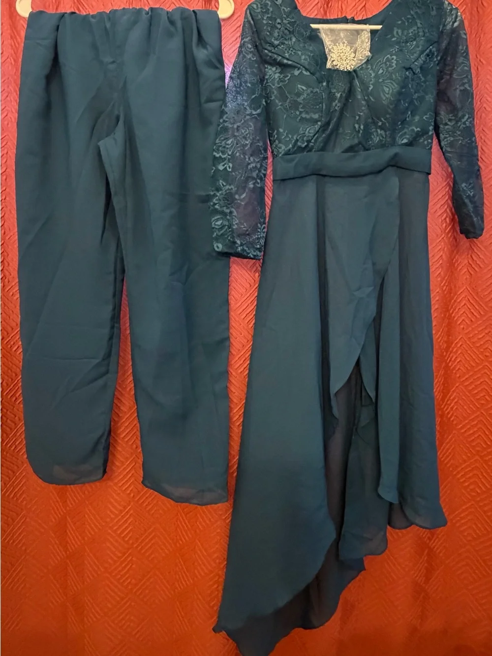 Women's Teal Lace Bodice Asymmetrical Dress and Pants Set